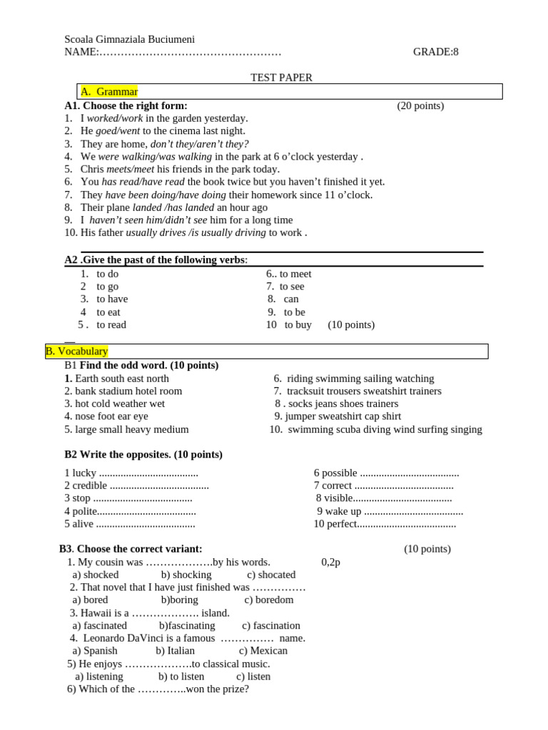 Cls - 8 - Initial Test Paper | PDF