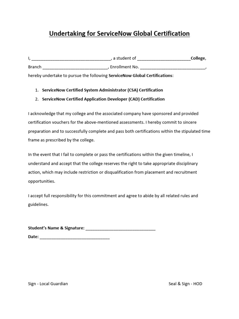 ServiceNow Certification Undertaking Form | PDF