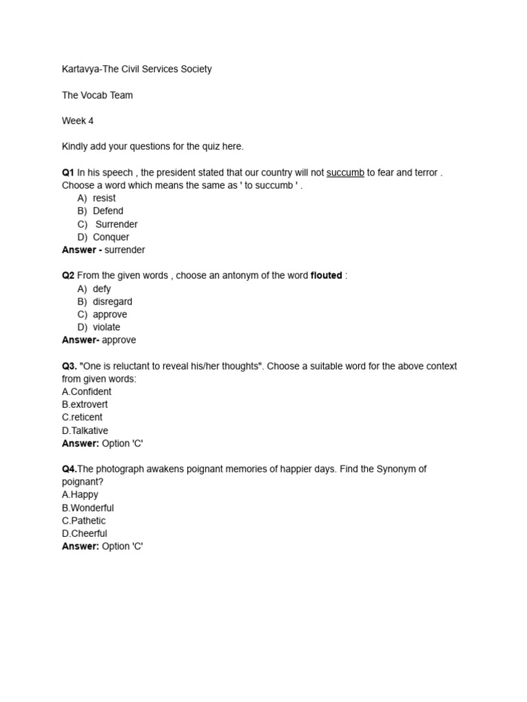 Civil Services Quiz Questions Week 4 | PDF