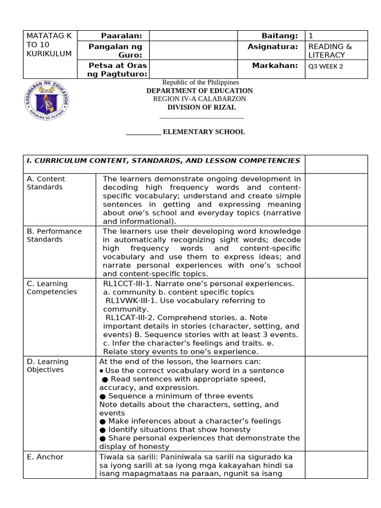 Grade 1 Reading & Literacy Curriculum | PDF | Learning | Reading ...
