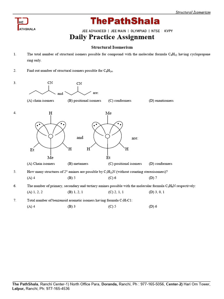 Structural Isomerism Practice Assignments | PDF | Isomer | Space
