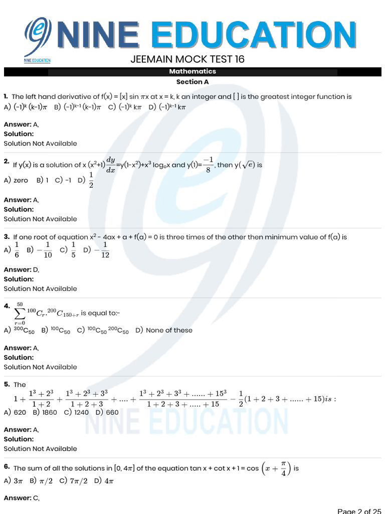 JEEMAIN Mock Test 16 Mathematics Solutions | PDF | Capacitor | Velocity