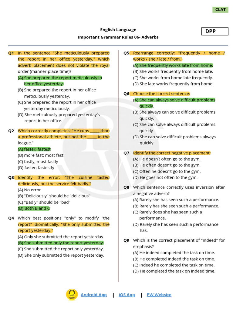 CLAT Adverb Grammar Practice Questions | PDF | Verb | Adverb