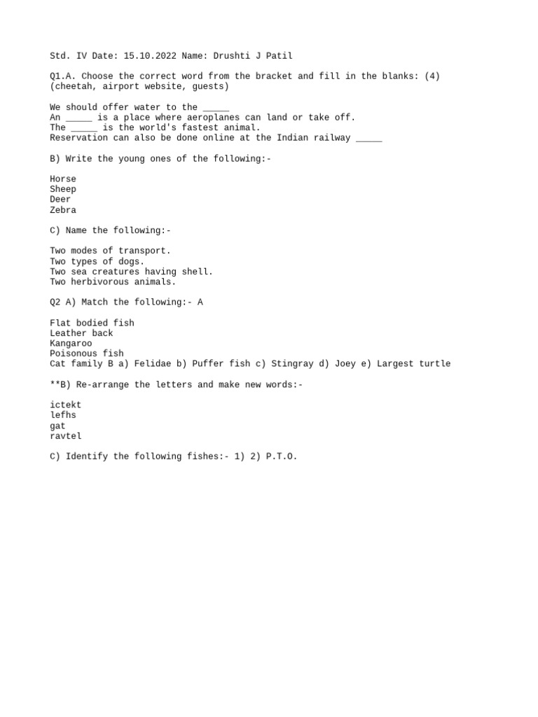 Std IV English and Science Worksheet | PDF