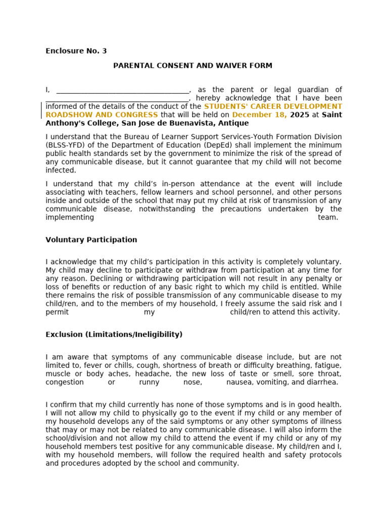 Parental Consent Form for Event Participation | PDF | Infection | Consent