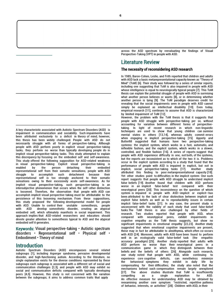 Visual Perspective-Taking in ASD | PDF | Autism | Theory Of Mind