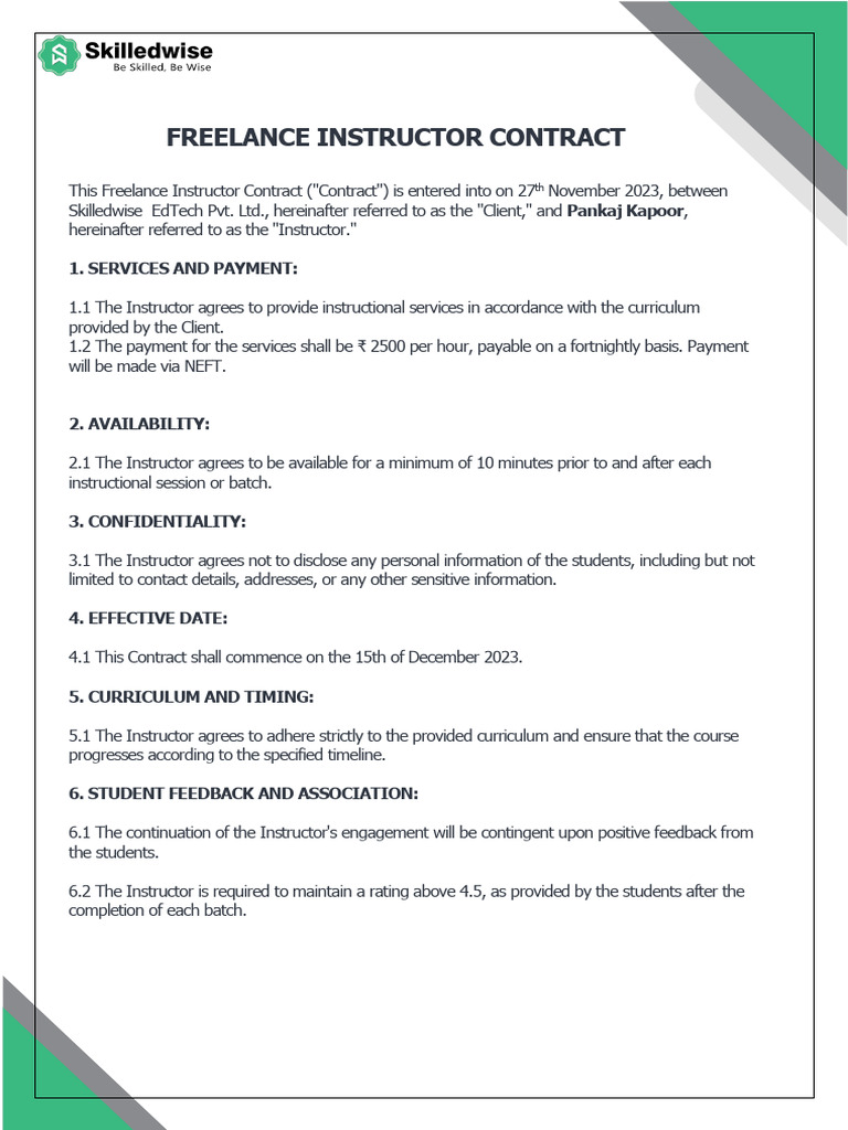 Freelance Instructor Contract Template | PDF