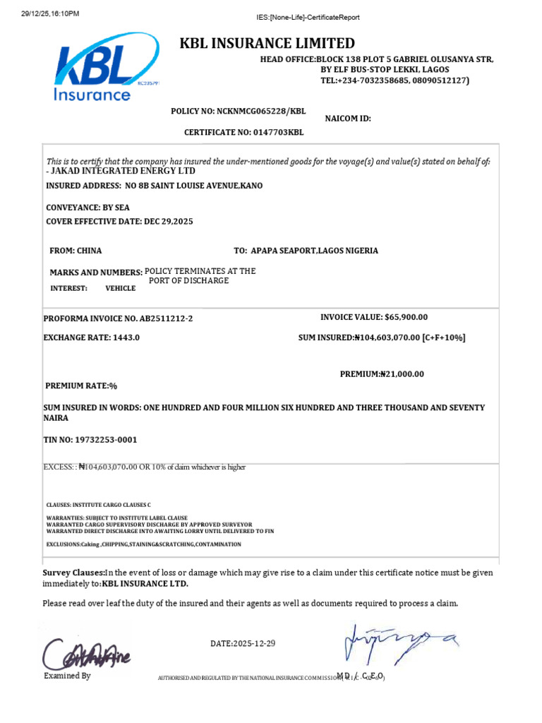 KBL Insurance Cargo Policy Certificate | PDF | Insurance