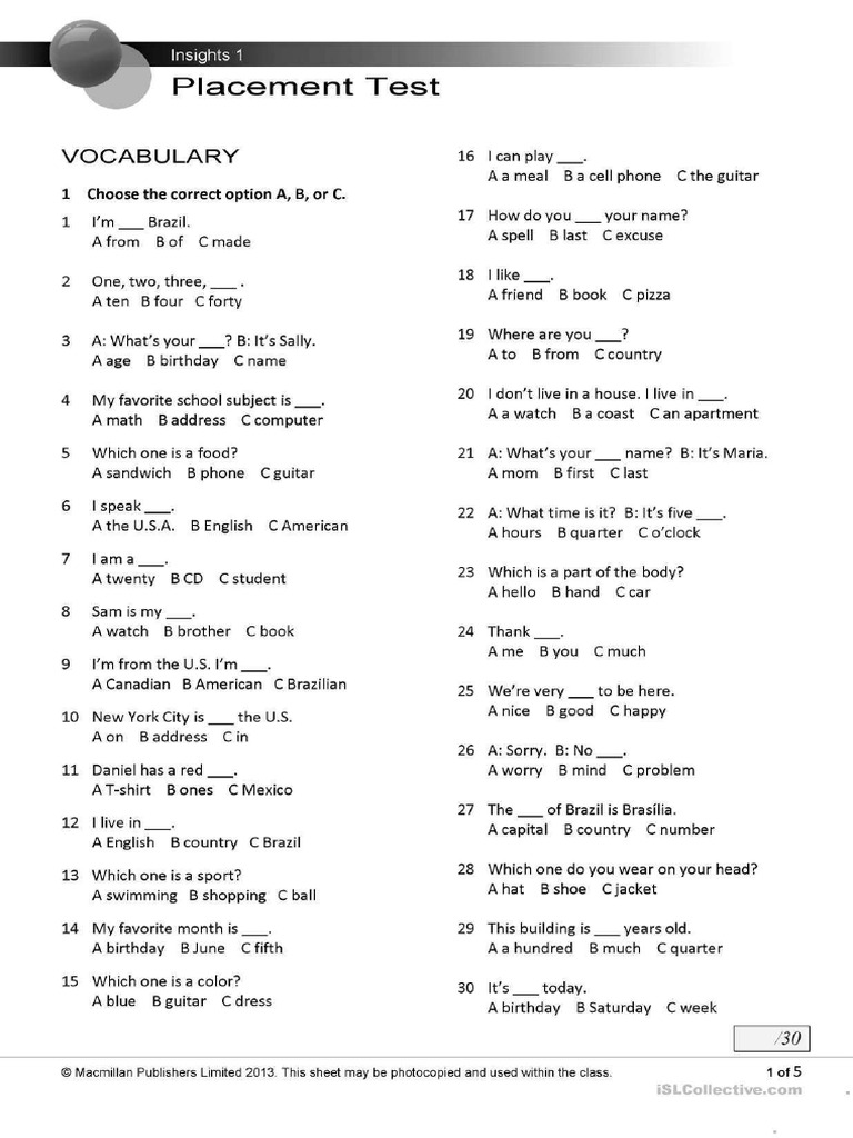 Placement Test A1 | PDF