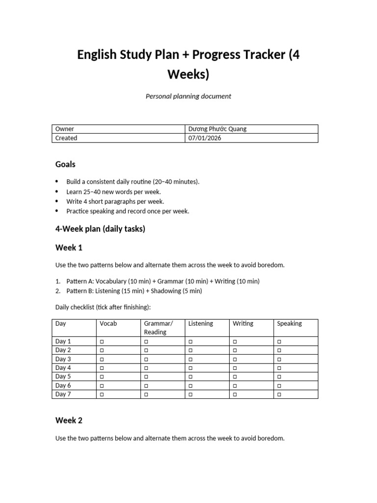 4-Week English Study Plan & Tracker | PDF | Vocabulary | Chess Theory