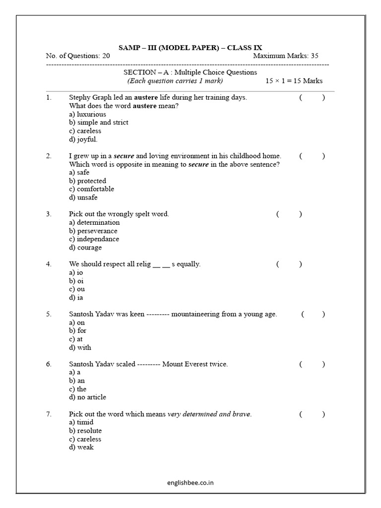 Class IX English SAMP-III Model Paper | PDF