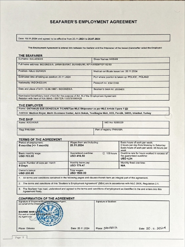 Seafarer's Employment Agreement of Hasan Sulaeman | PDF