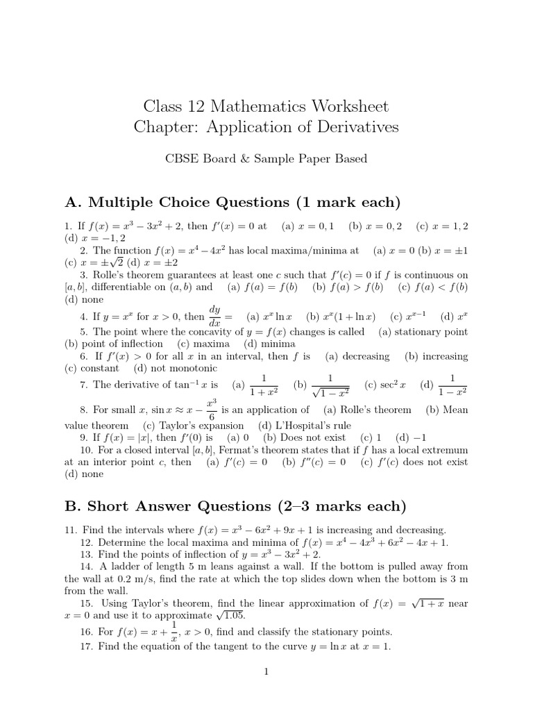 Class 12 Math: Derivatives Worksheet | PDF | Area | Geometry