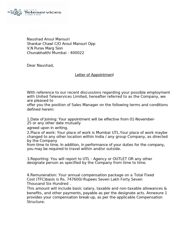 Naushad Utl Offer Letter | PDF | Employment | Intellectual Property