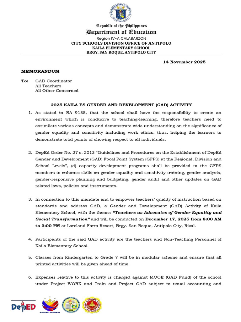 2025 Kaila ES GAD Activity Memo | PDF | Gender And Development | Gender ...