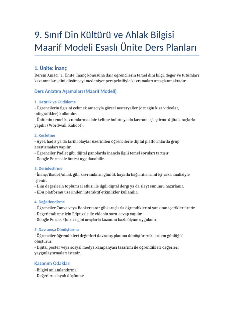 9 Sinif Dkab Maarif Modeli Ders Planlari | PDF