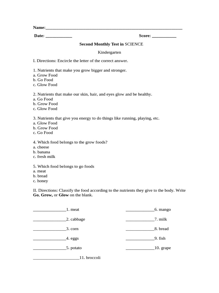 Kindergarten Science Test on Nutrients | PDF