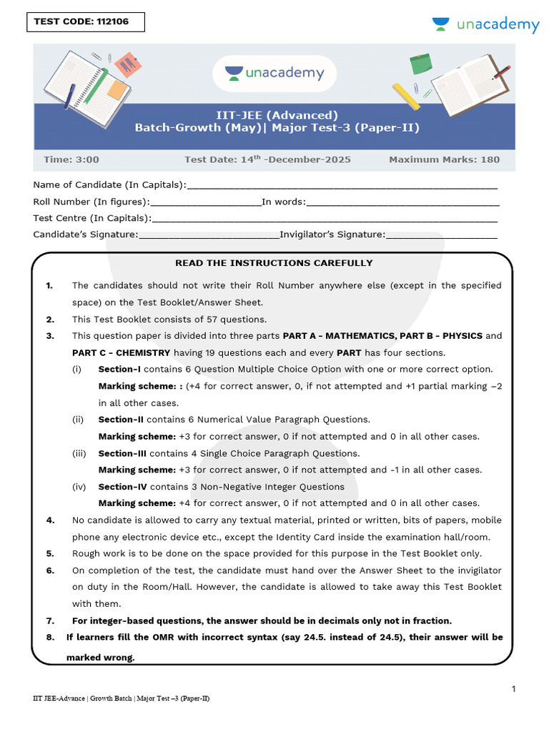 IIT JEE Advanced Major Test 3 Paper-II | PDF | Mole (Unit) | Applied ...