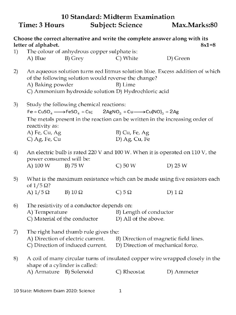 10 State Science Midterm Oct 2020 | PDF