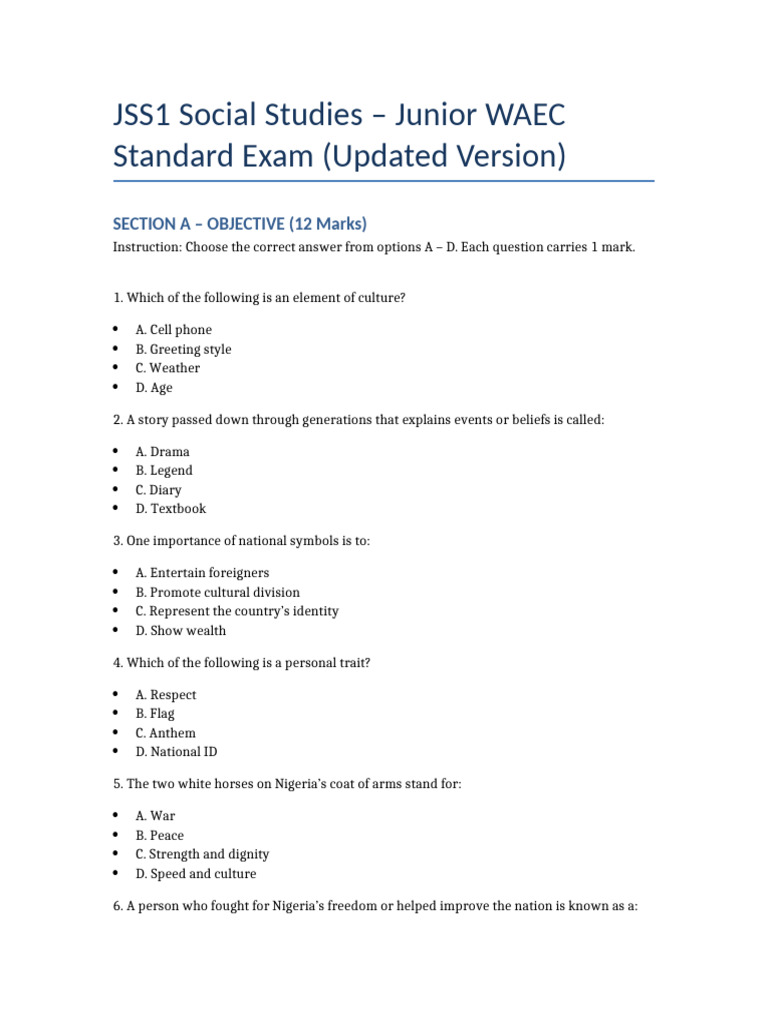 JSS1 Social Studies Junior WAEC Updated | PDF