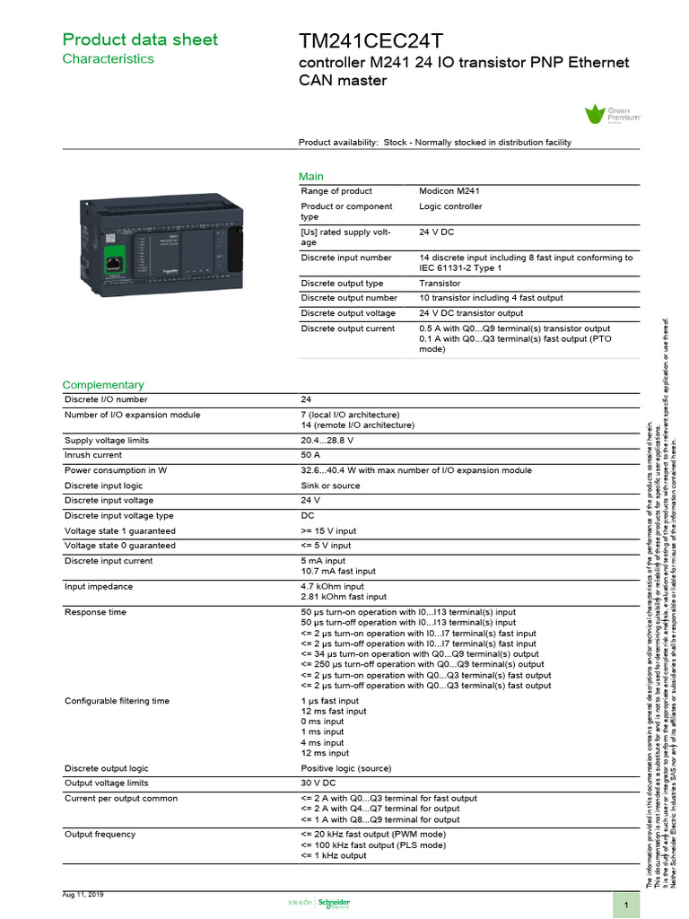 Modicon M241 Logic Controller Specs | PDF | Transistor | Input/Output