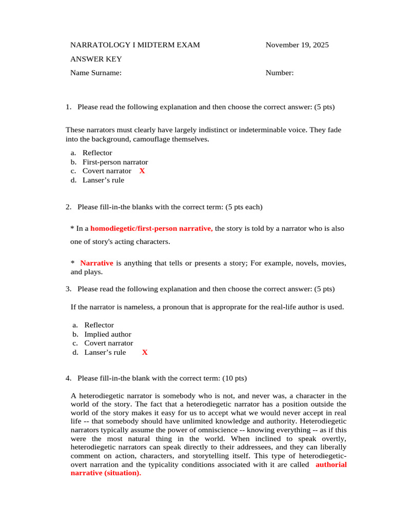 Narratology Midterm Exam Answer Key | PDF | Narration | Narrative