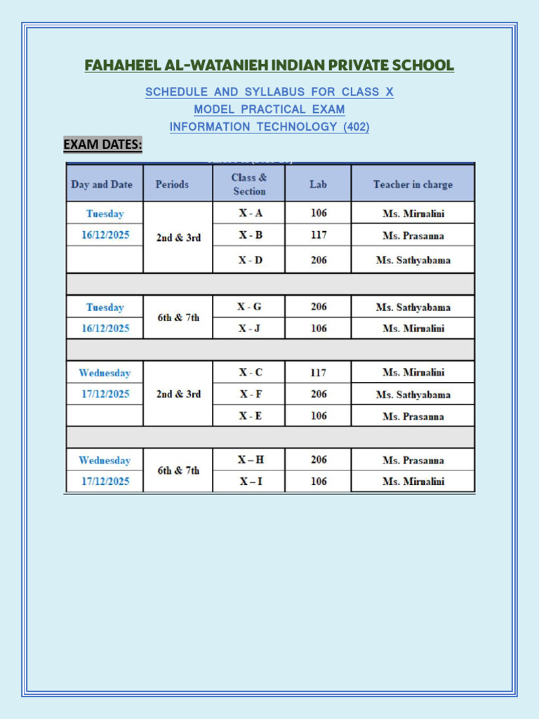 Class X IT Exam Schedule & Syllabus | PDF