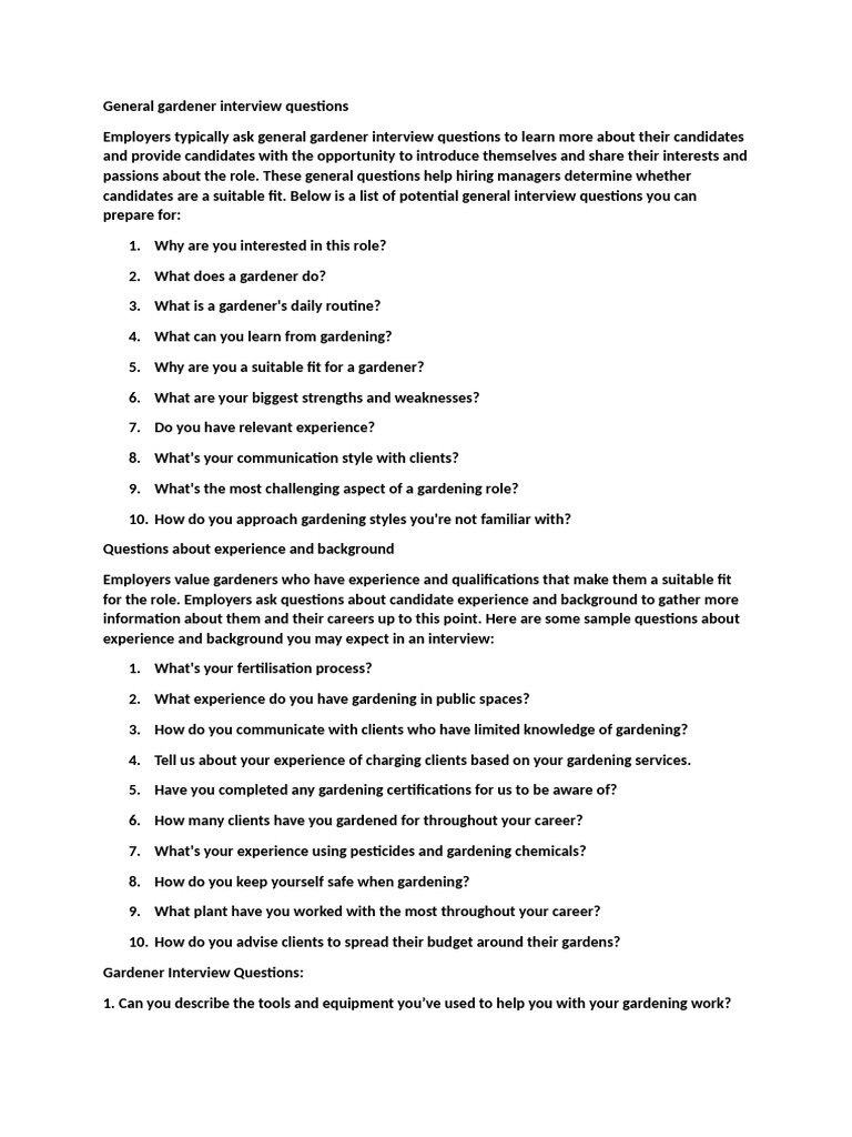 Essential Gardener Interview Questions | PDF | Gardens | Horticulture
