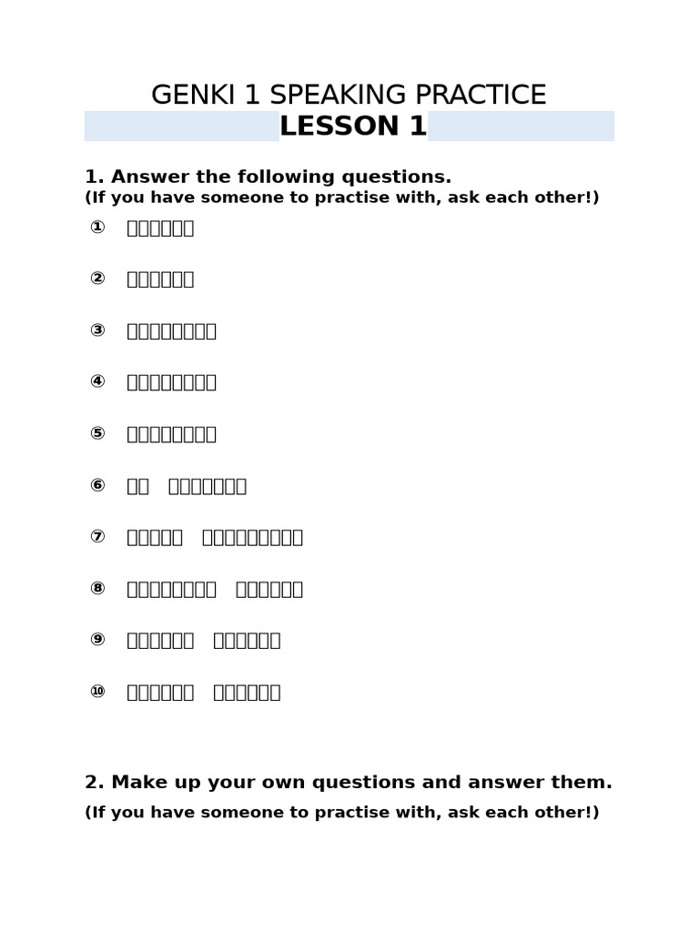 GENKI 1 Speaking Practice Lesson 1 Word 2 | PDF