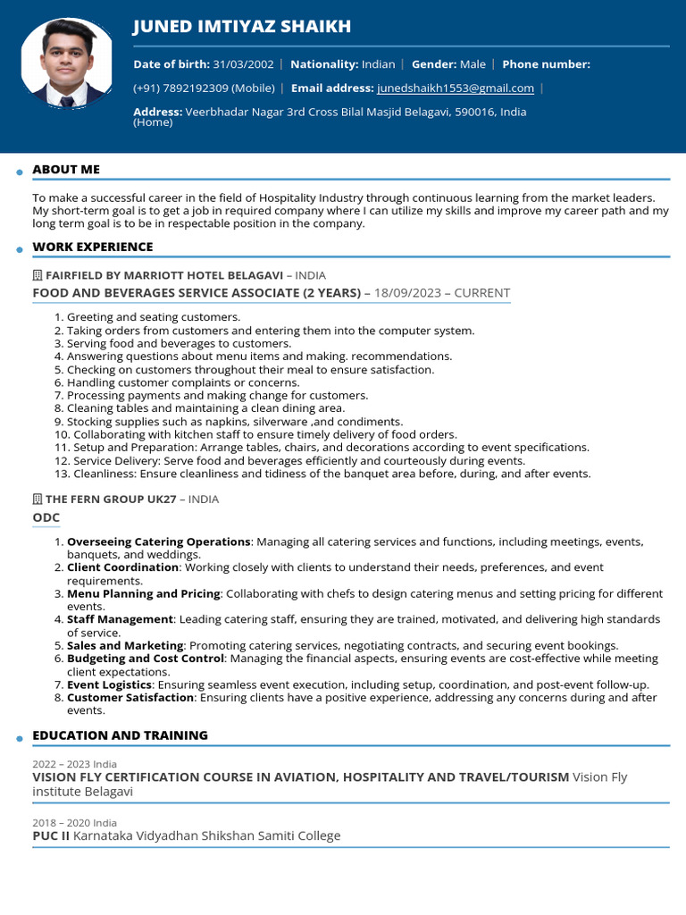 Juned Imtiyaz Shaikh CV | PDF | Menu | Foodservice