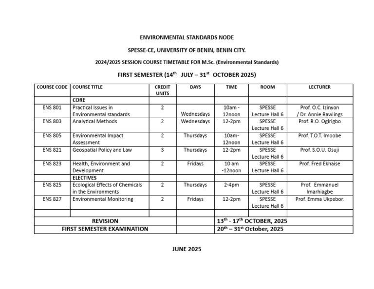 First Semester Timetable-Lecturers Copy - Msc-Environmental Stds | PDF