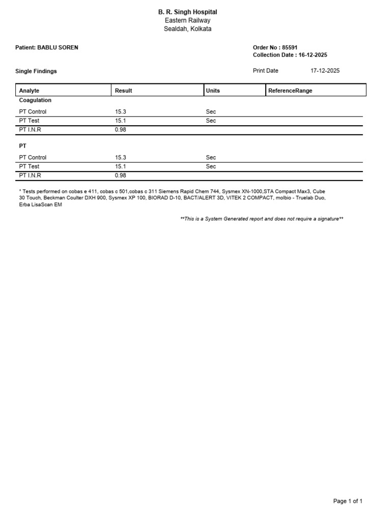 PT Control 15.3 Sec PT Test 15.1 Sec PT I.N.R 0.98 | PDF