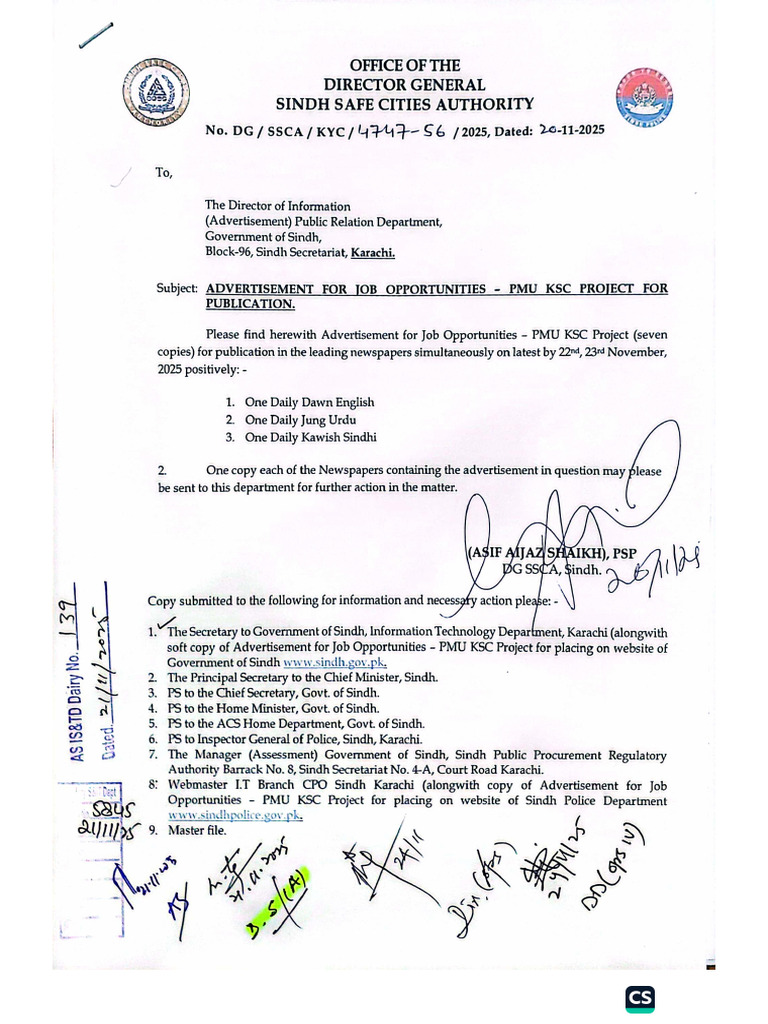 Sindh Safe Cities Advertisement For Job Opportunities PMU KSU Project | PDF