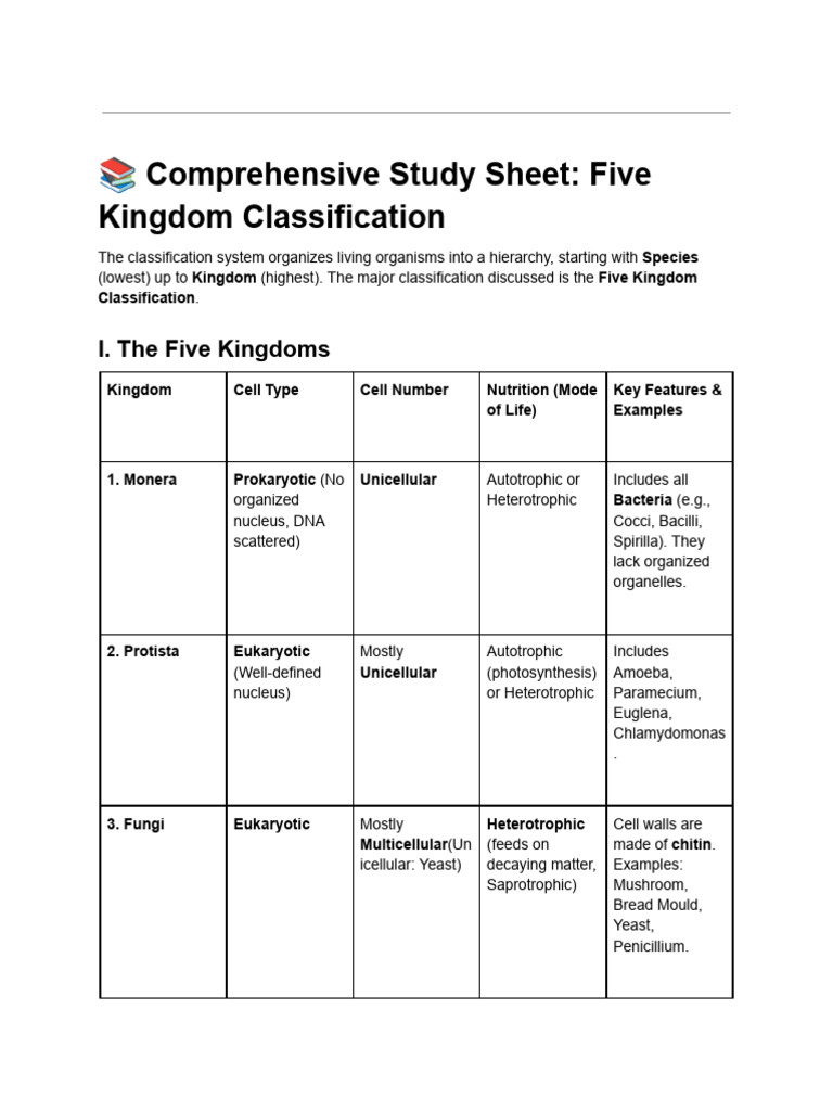 Five Kingdom Classification Overview | PDF | Cell (Biology) | Eukaryotes