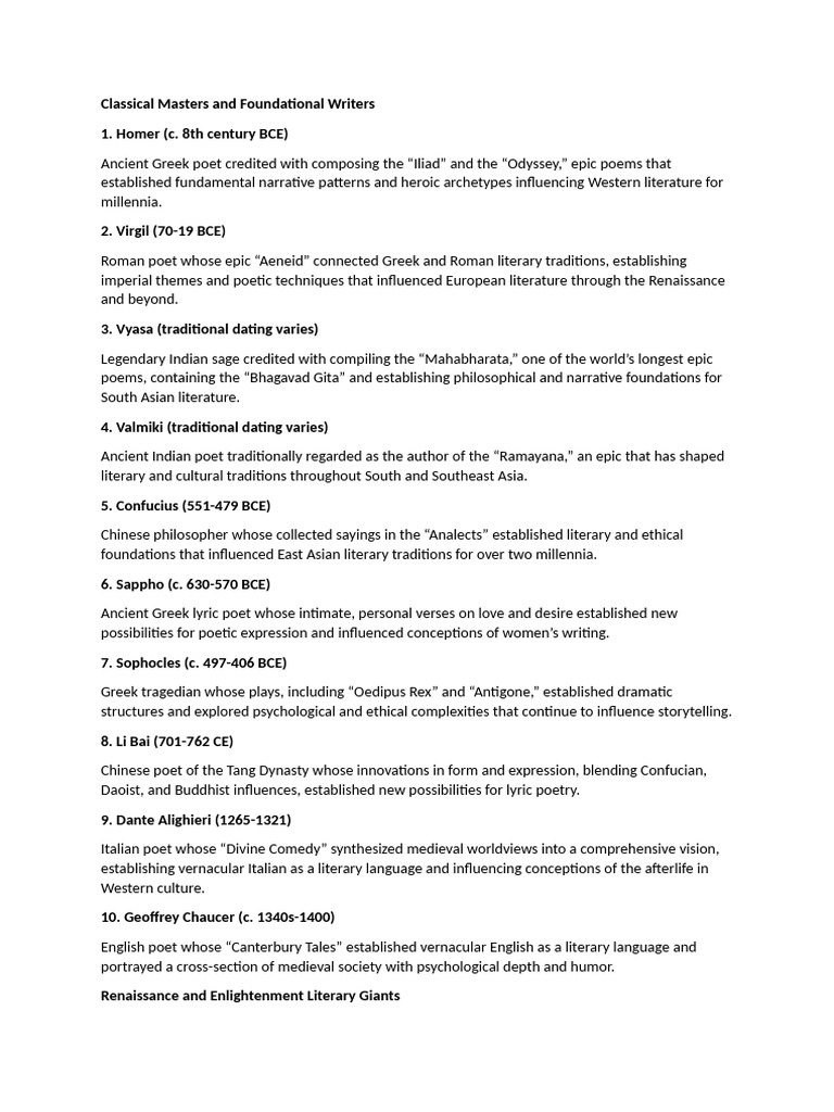 Influential Literary Figures Through History | PDF | Poetry | Epic Poetry