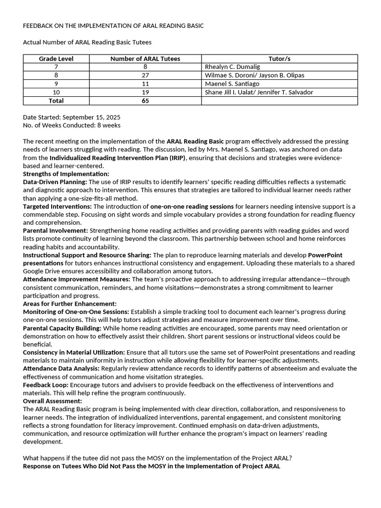 ARAL Reading Basic Program Feedback | PDF | Learning | Human Communication