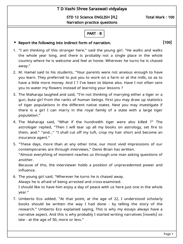 Indirect Narration Practice Exercises | PDF