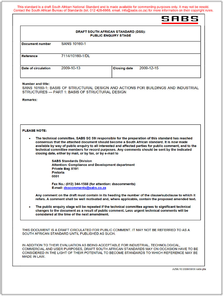 SANS 10160-1 - Structural Design Standard - South Africa | PDF