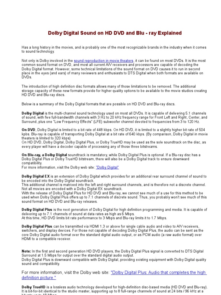 Dolby Digital Sound On HD DVD and BluRay Explained PDF Blu Ray Dvd