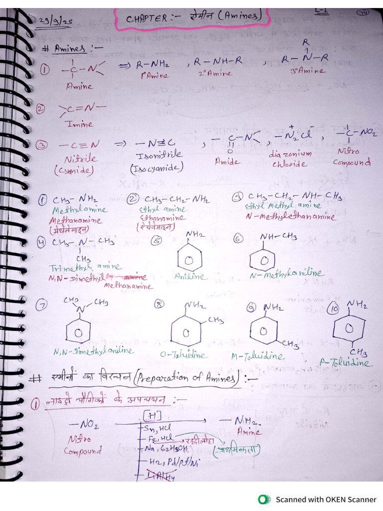 Class 12th Amines Handwritten Notes in Hindi | PDF