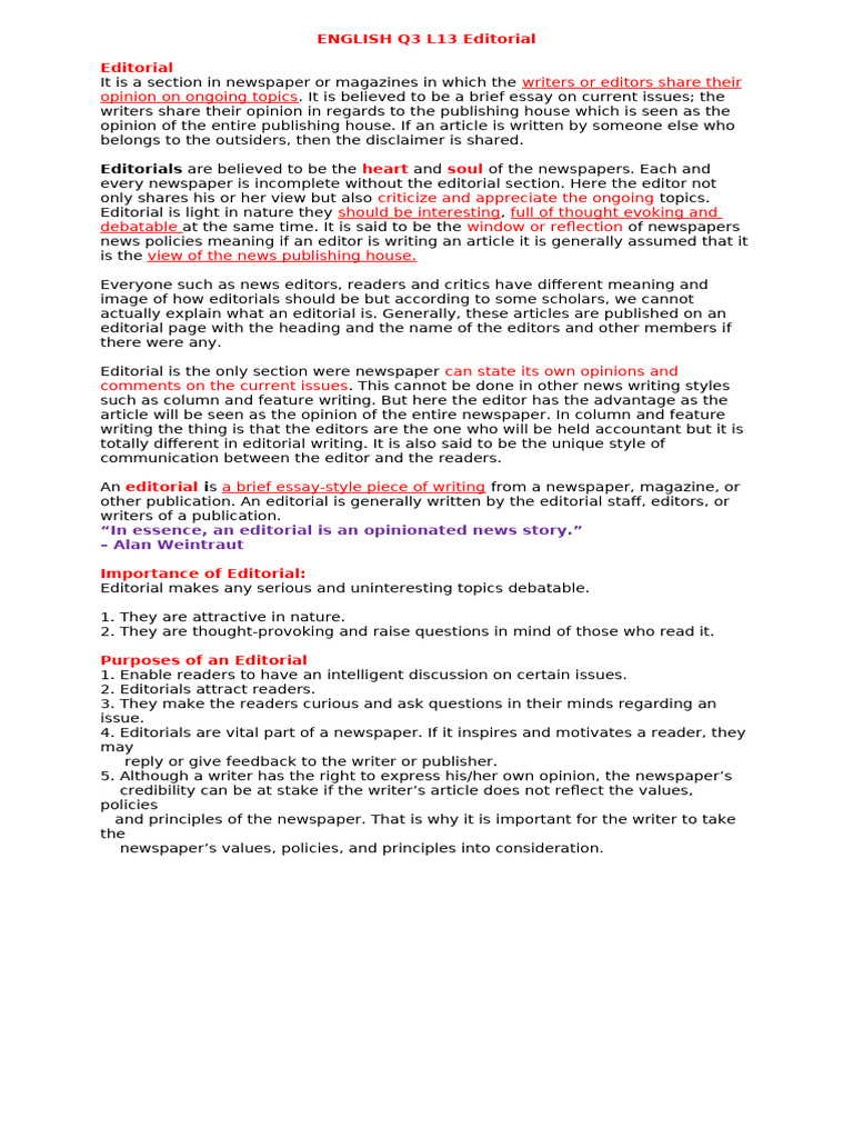 Understanding Editorials: Structure & Purpose | PDF | Newspapers | News