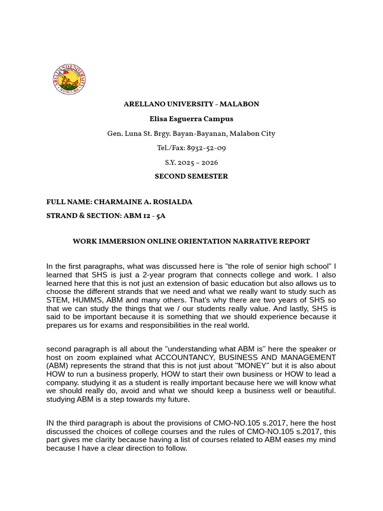 ABM Work Immersion Orientation Report | PDF