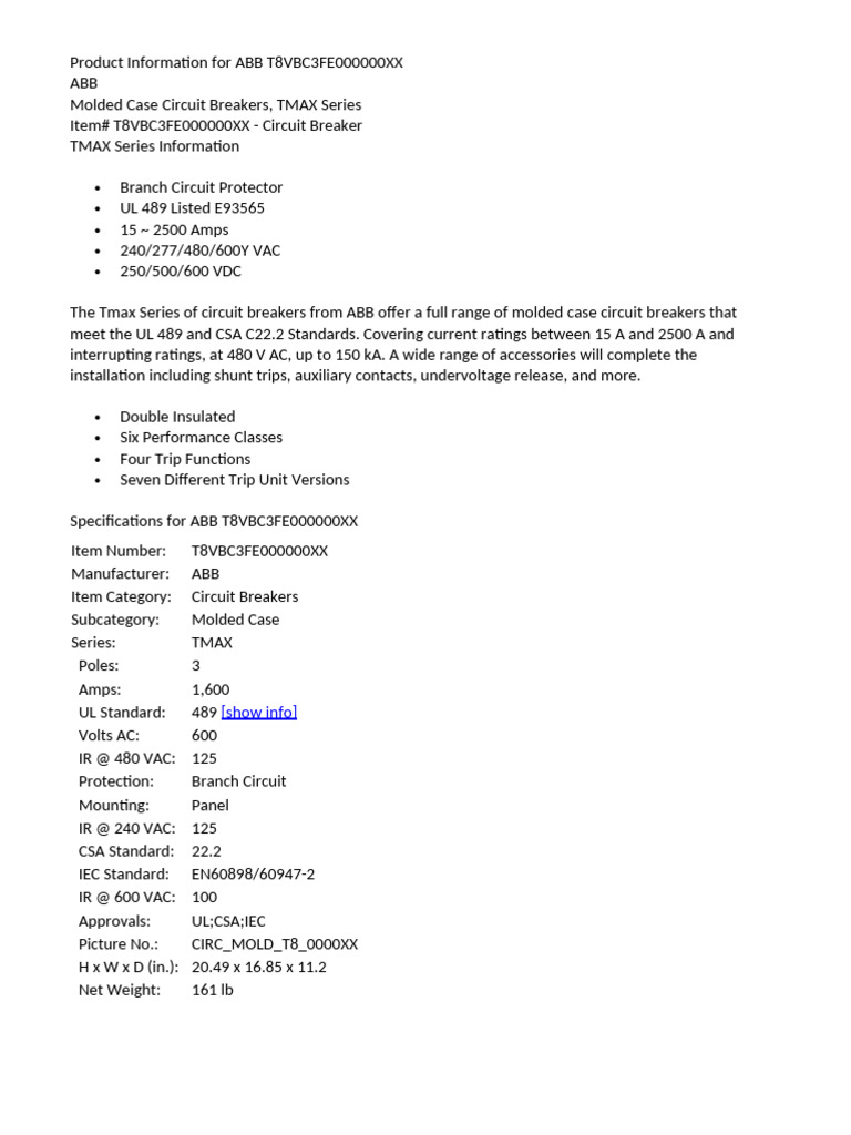 Product Information For ABB T8VBC3FE000000XX | PDF