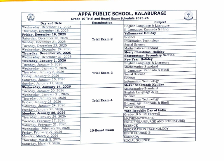 Grade 10 Exam Schedule 2025-26 | PDF