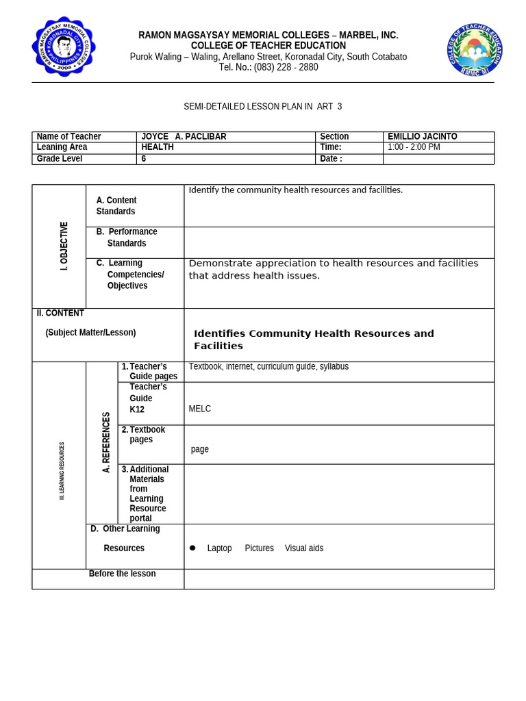 Final Lesson Plan Community Health | PDF | Physical Examination ...