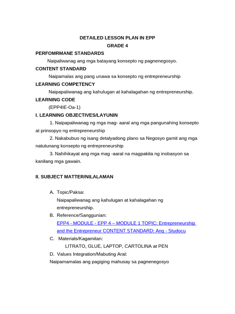 Detailed Lesson Plan in Epp - Docx Finalll | PDF