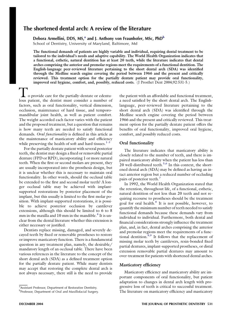 Shortened Dental Arch: Literature Review | PDF | Dentistry | Dentures