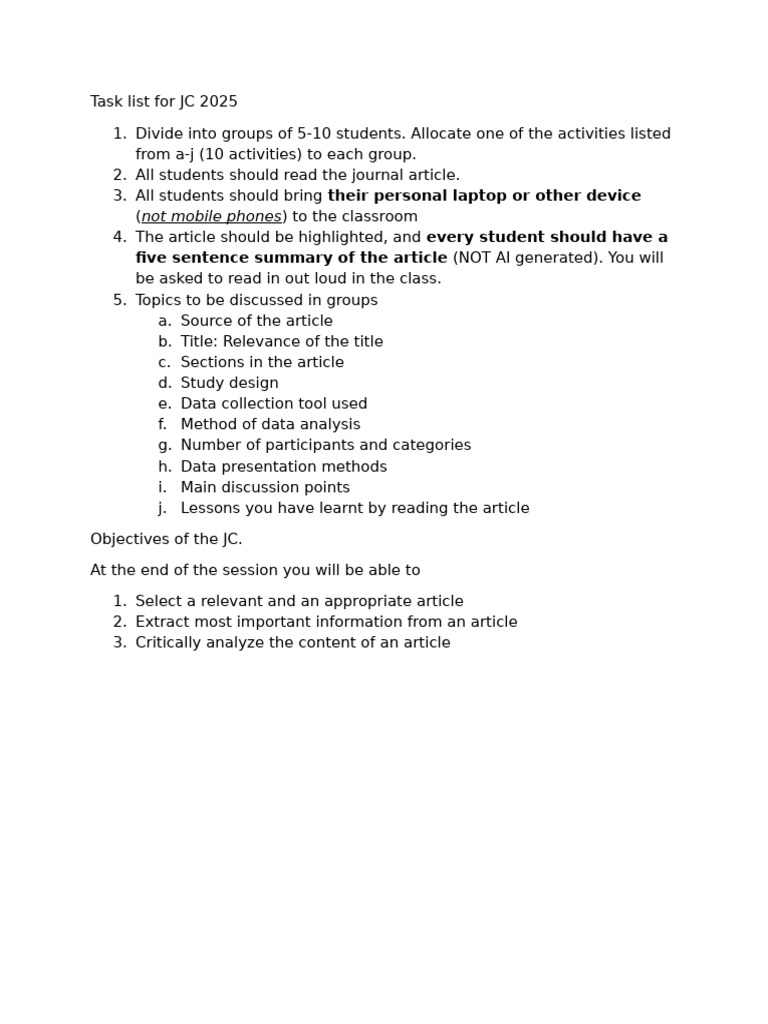 JC 2025 Task List for Article Analysis | PDF