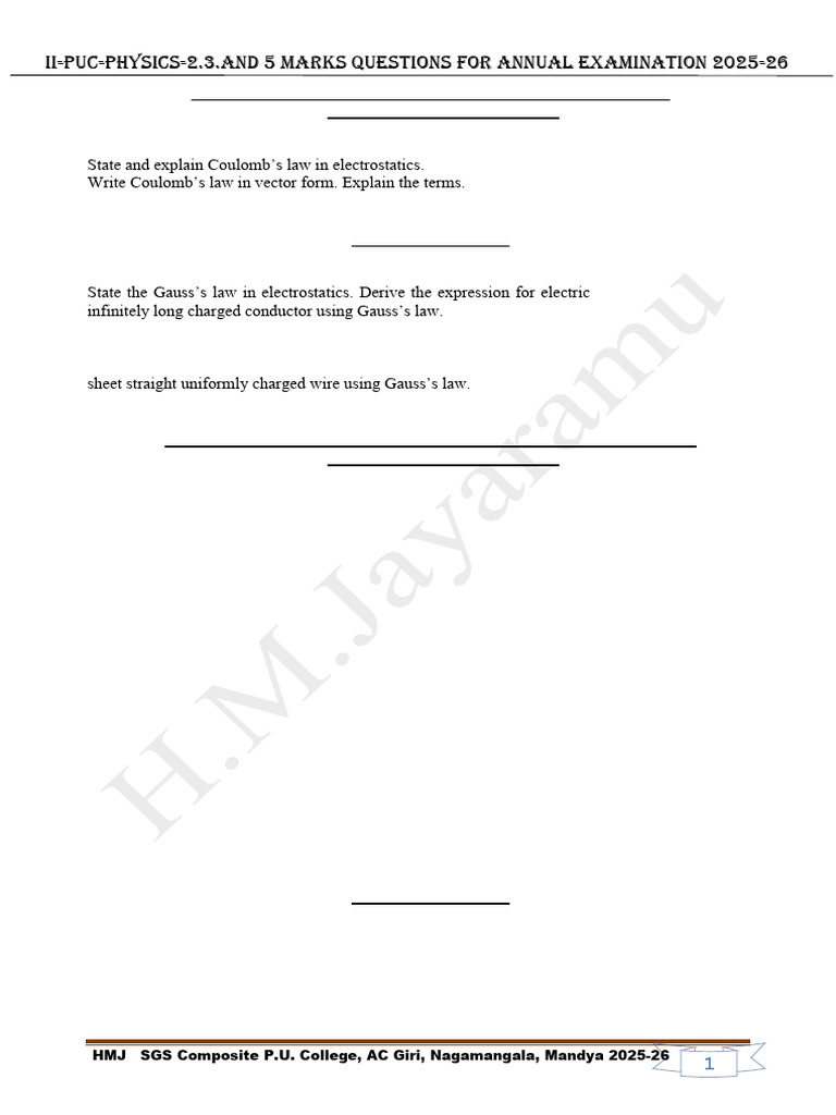 II PUC Physics Exam Questions 2025-26 | PDF | Inductance ...