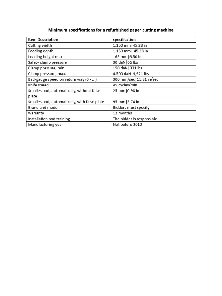 Refurbished Paper Cutter Specs Guide | PDF